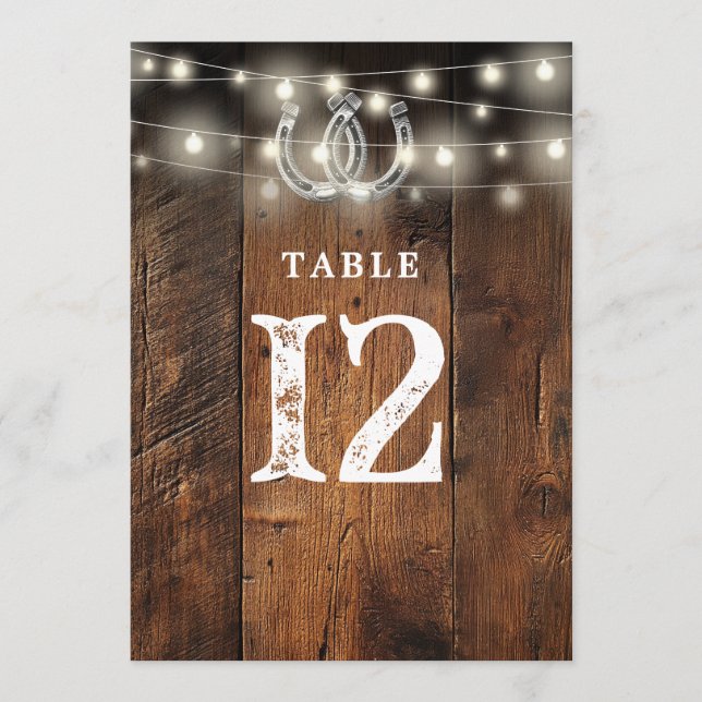 Convites String Lights Horseshoes Barn Wood Table Number (Frente)