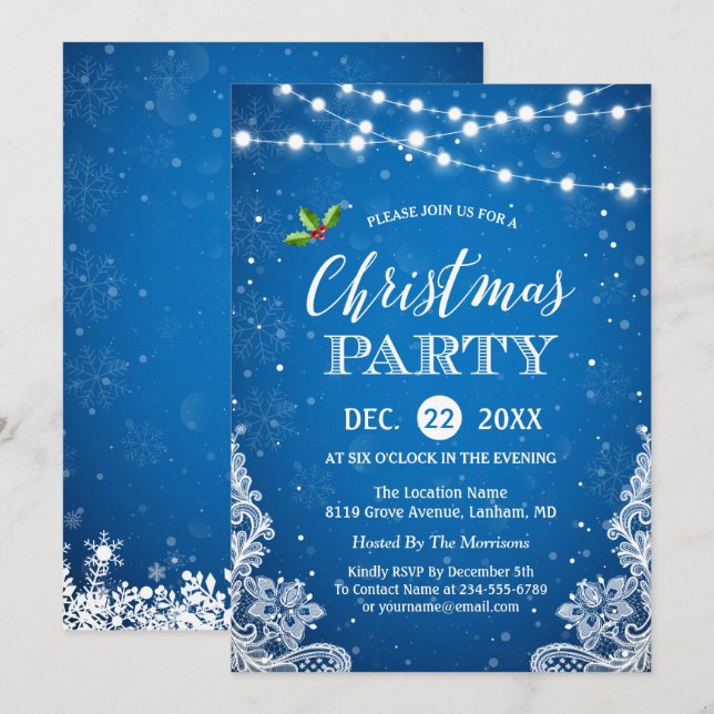 Convites String Lights Lace Snowflakes Festa de Natal Azul (Frente/Verso)