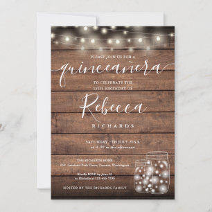 Convites String Lights Mason Jars Script Quinceañera 15