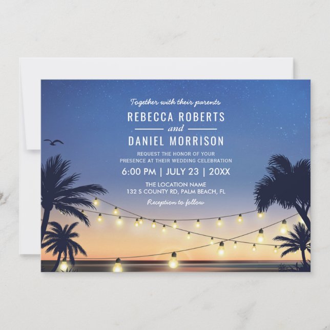 Convites String Lights Palm Beach Destino Casamento (Frente)