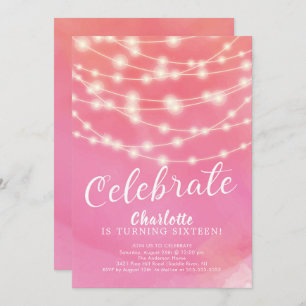 Convites String Lights Pink Sweet 16th Birthday Invitation