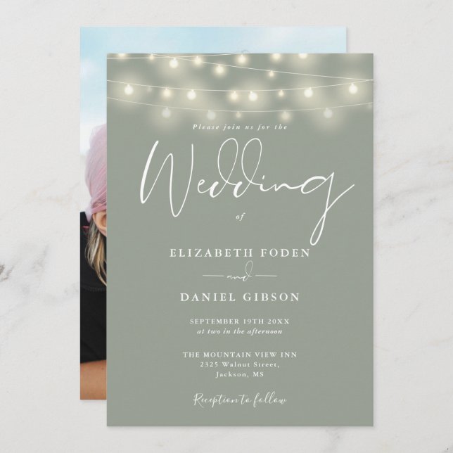 Convites String Lights Sage Green Photo Wedding (Frente/Verso)