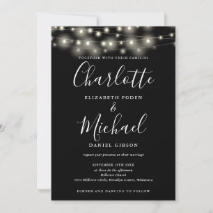 Convites String Lights Script Black White Code Casamento
