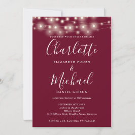 Convites String Lights Script Burgundy Código QR Casamento