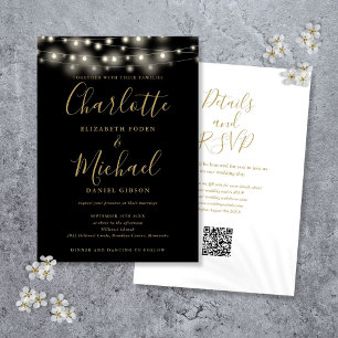 Convites String Lights Script Dourado Código QR Casamento
