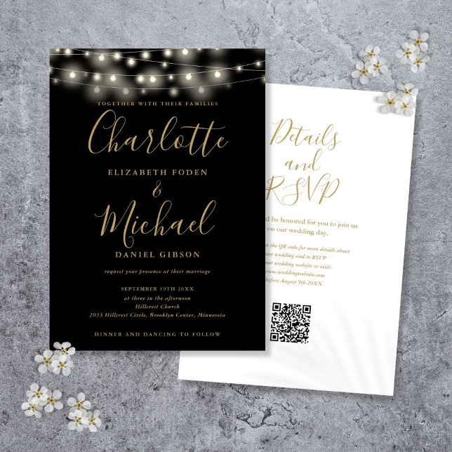 Convites String Lights Script Dourado Código QR Casamento (String Lights Script Black Gold QR Code Wedding Invitation)