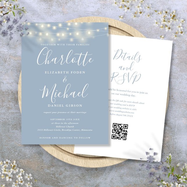Convites String Lights Script Dusty Blue Código QR Casament (String Lights Script Dusty Blue QR Code Wedding Invitation)