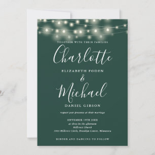 Convites String Lights Script Emerald Green Code Casamento