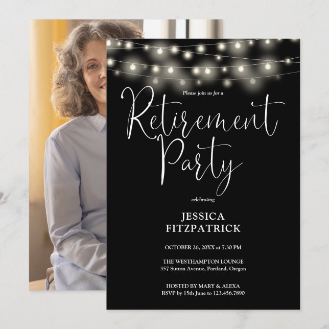 Convites String Lights Script Photo Retirement Party (Frente/Verso)