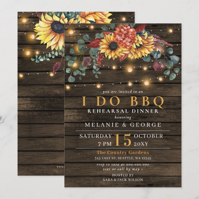 Convites String Lights Sunflower I Do CHURRASCO ReHearsal J (Frente/Verso)