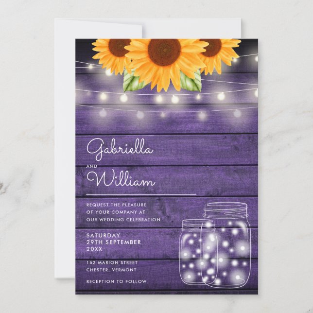 Convites String Lights Sunflower Mason Jars Purple Casament (Frente)