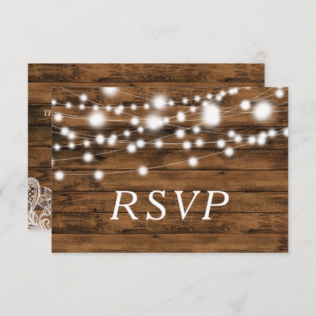Convites String Lights Wood e Lace RSVP Card (Frente/Verso)