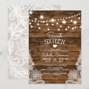Convites String Lights Wood e Lace Sweet 16 Party
