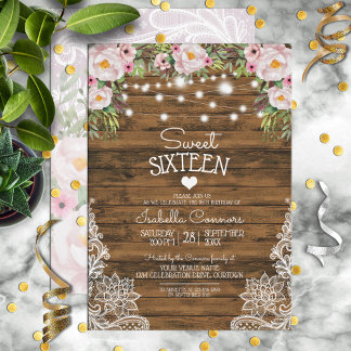 Convites String Lights Wood Floral e Lace Sweet 16 Party