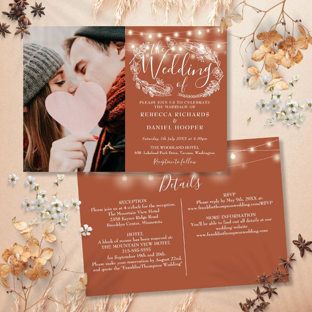 Convites String Luz Terracotta Foto Tudo Em Um Casamento (String Lights Terracotta Photo All In One Wedding Invitation)