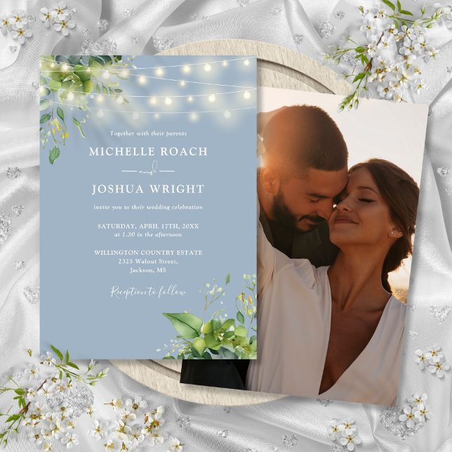 Convites String Luz Verde Dusty Foto Azul (String Lights Greenery Dusty Blue Photo Wedding Invitation)