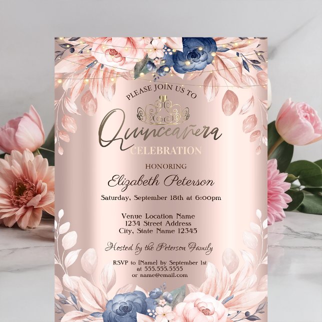 Convites String Luzes Azuis Flores Rosa Dourado Quinceañera (Criador carregado)