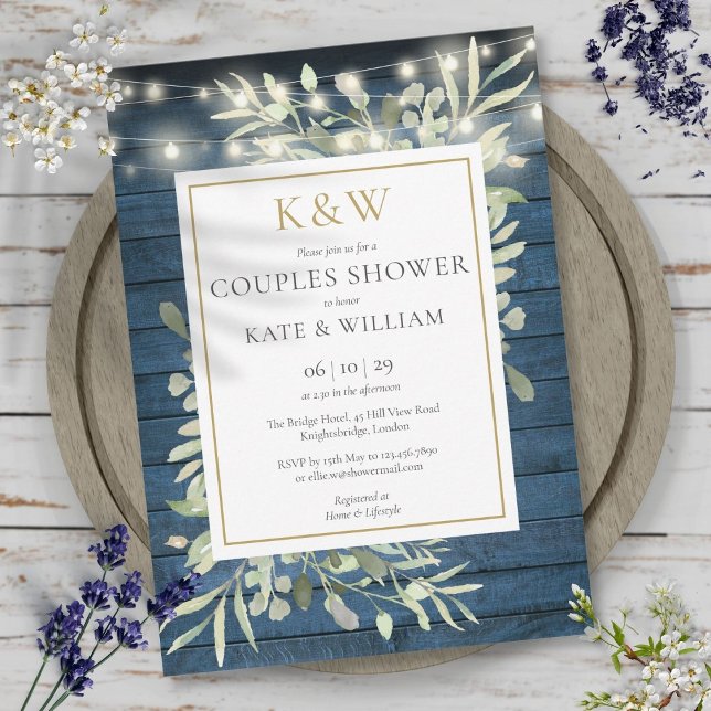 Convites String Luzes Azul Madeira Monograma Casal Chá (String Lights Blue Wood Monogram Couples Shower Invitation)