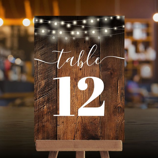 Convites String Luzes Russo Barn Wood Boho Número da Tabela (String Lights Rustic Barn Wood Boho Table Number)