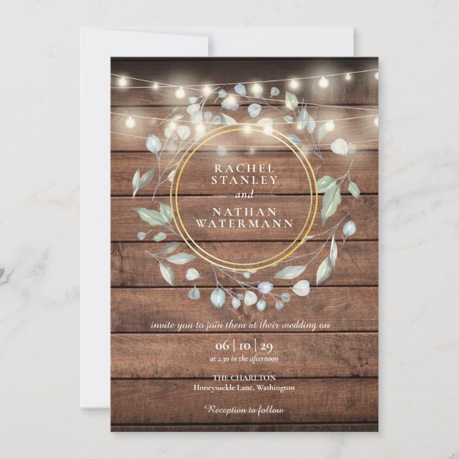 Convites String Luzes Rustic Barn Wood Greenery Casamento (Frente)