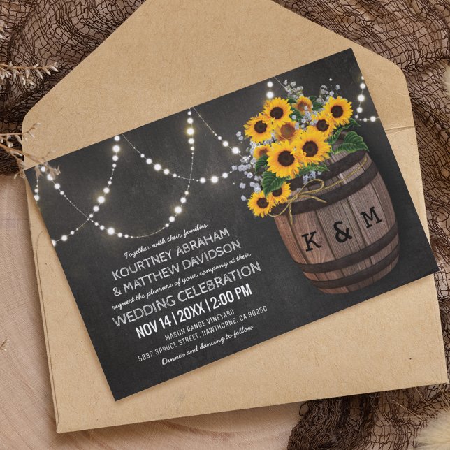 Convites String Luzes Rustic Vineyard Casamento Sunflower (Criador carregado)