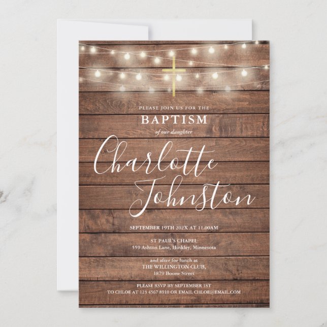 Convites String Luzes Rustic Wood Baptism Christening (Frente)