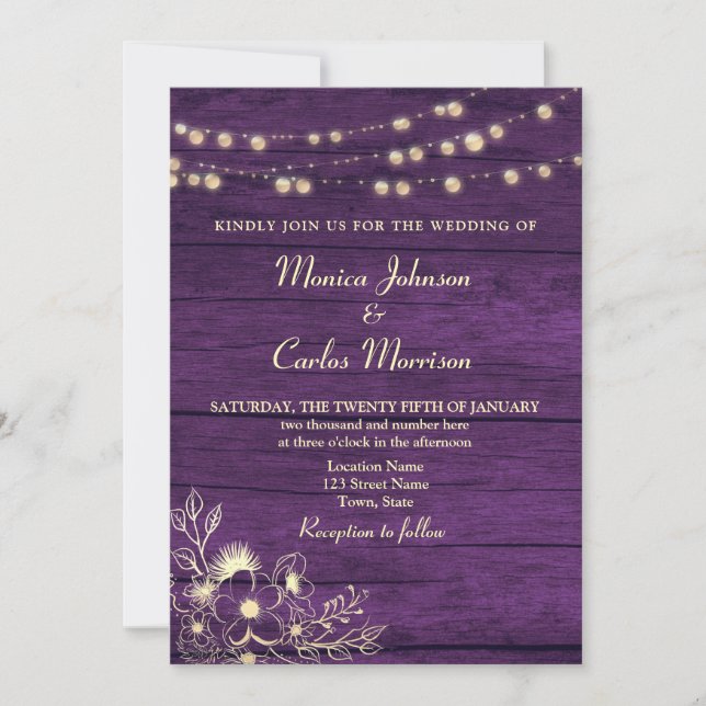 Convites String Luzes Rustic Wood Purple Casamento (Frente)