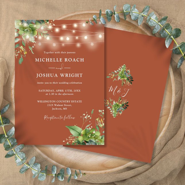 Convites String Luzes Verde Terracotta Monograma Casamento (String Lights Greenery Terracotta Monogram Wedding Invitation)
