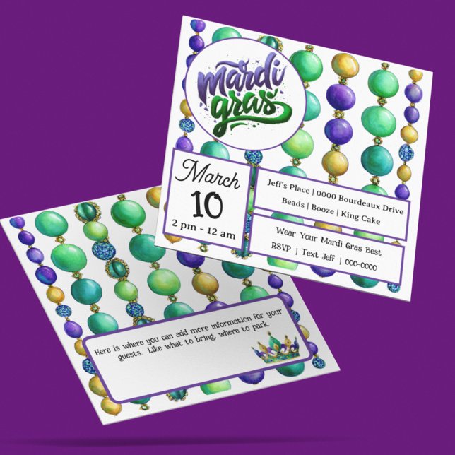 Convites Strings of Colorful Mardi Gras Beads (Fully customize the front and back of your Mardi Gras bead inspired party invitation)