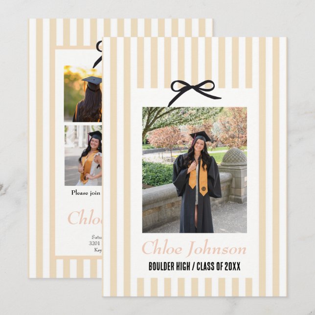 Convites  Striped Graduation Party Invitation With a Bow (Frente/Verso)