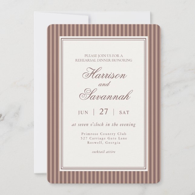 Convites Striped Mocha Brown Espresso Rehearsal Dinner (Frente)