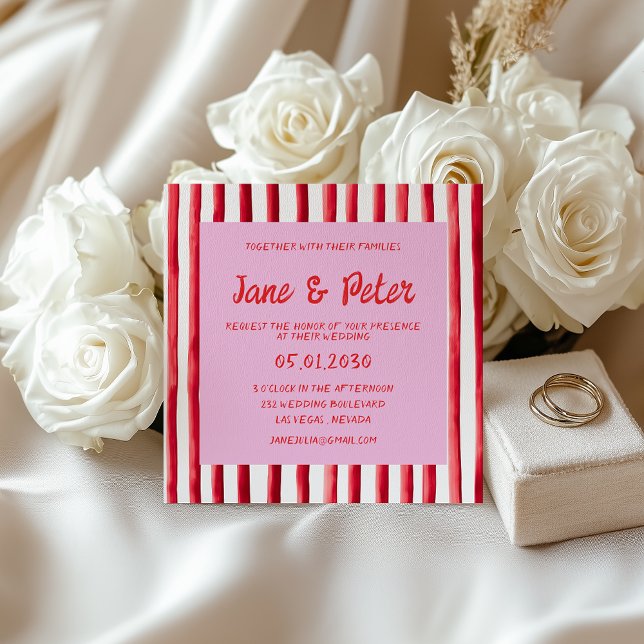 Convites Striped Pink & Red Handwriting Wedding (Criador carregado)
