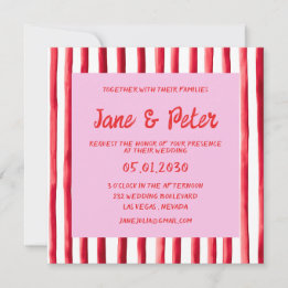 Convites Striped Pink & Red Handwriting Wedding