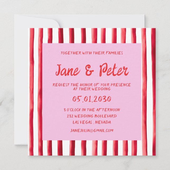 Convites Striped Pink & Red Handwriting Wedding (Frente)