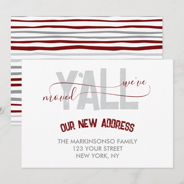 Convites Stripes Burgundy We Moved Moving Announcement (Frente/Verso)