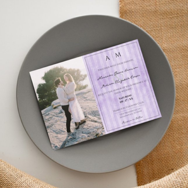 Convites Stripes de Foto e Vintage | Casamento Roxo (Purple Photo and Vintage Stripes Wedding Invitation)