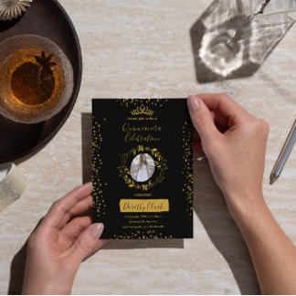 Convites Stunning Black and Gold Watercolor Quinceañera