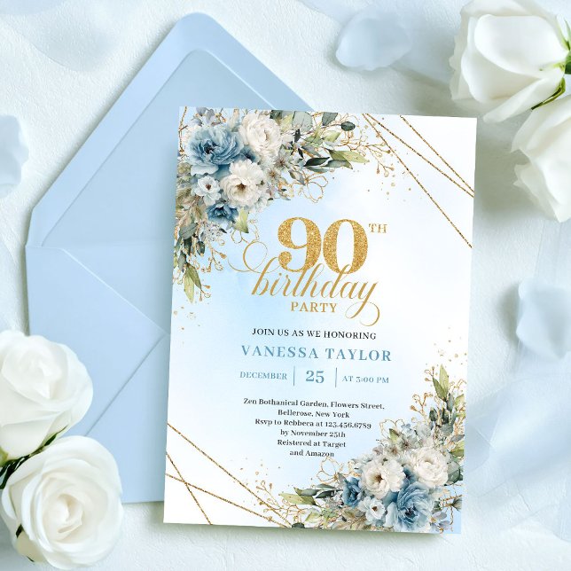 Convites Stunning Boho Dusty Blue Floral Gold 90th Birthday (Stunning Boho Dusty Blue Floral Gold 90th Birthday)