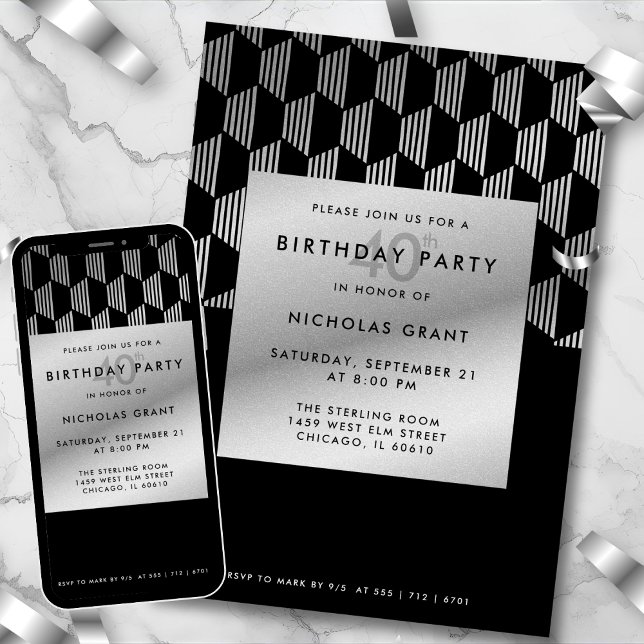 Convites Stylish 40th Birthday Faux Silver Foil Black (Criador carregado)
