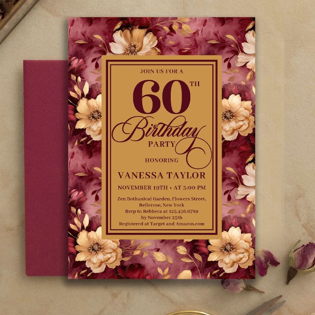 Convites Stylish 60th Birthday Burgundy Blush Floral Gold   (Stylish 60th Birthday Burgundy Blush Floral Gold Invitation)