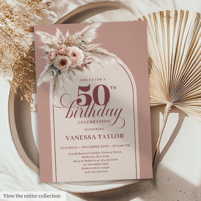 Convites Stylish Arch Pastel Pink Pampas Floral 50 Birthday (Stylish Arch Pastel Pink Pampas Floral 50th Birthday)