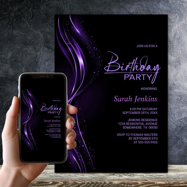 Convites Stylish Black and Purple Birthday Party (Criador carregado)