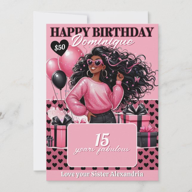 Convites Stylish Black Teen Girl Birthday Gift Card Holder (Frente)