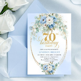 Convites Stylish Blue Floral Eucalyptus 70th Birthday Invit