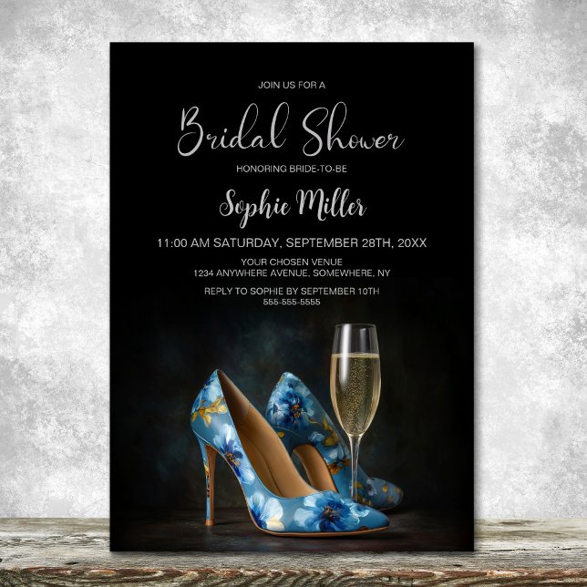 Convites Stylish Blue Floral Stiletto Shoes Bridal Shower (Criador carregado)