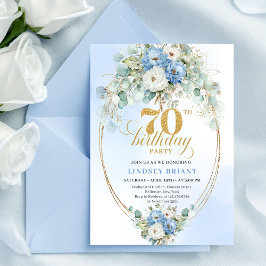Convites Stylish Blue Gold Floral 70th Birthday Invitation