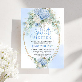 Convites Stylish Blue Hydrangea Gold Accent Sweet Sixteen