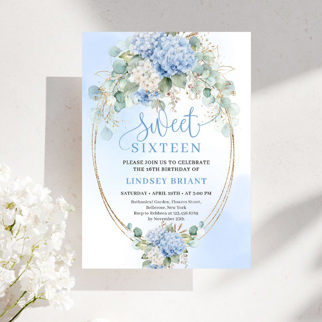 Convites Stylish Blue Hydrangea Gold Accent Sweet Sixteen (Stylish Blue Hydrangea Gold Accent Sweet Sixteen Invitation)