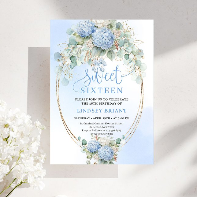 Convites Stylish Blue Hydrangeas Sweet Sixteen Celebration  (Stylish Blue Hydrangeas Sweet Sixteen Celebration Invite)