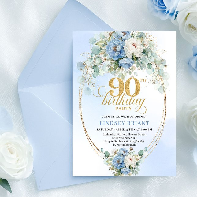 Convites Stylish Blue Peony Gold Frame 90th Birthday Invite (Stylish Blue Peony Gold Frame 90th Birthday Invite

)